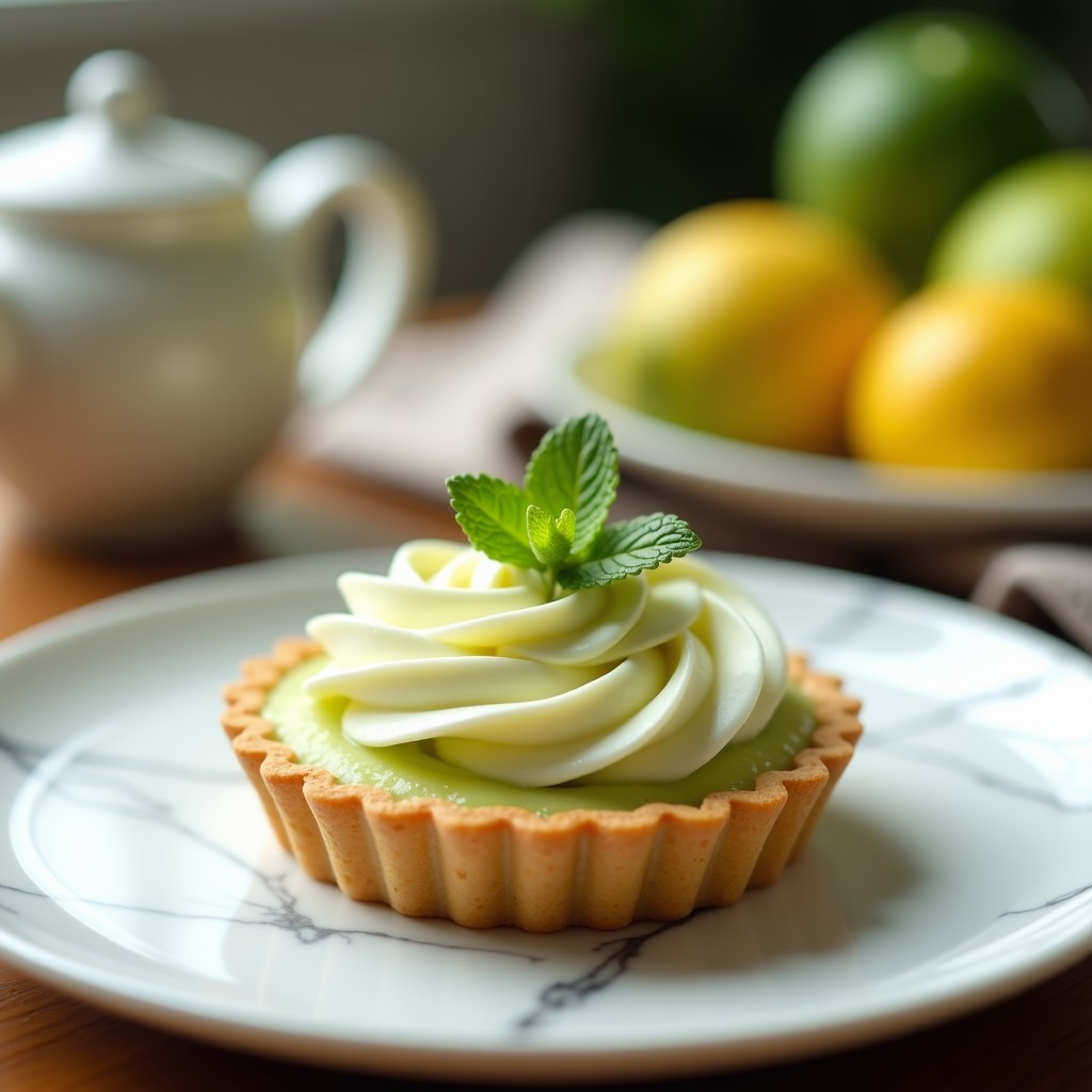 Tartaleta cítrica de lima con base de galleta dorada, relleno cremoso de color verde pálido y merengue italiano blanco brillante en forma de espirales, decorada con ralladura de lima y hojas de menta.