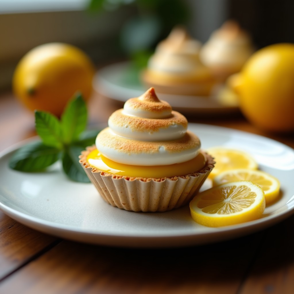 Tartaleta cítrica de limón con merengue tostado al fuego, servida en molde individual de metal, con base dorada de galleta, crema amarilla intensa y merengue blanco con picos dorados.