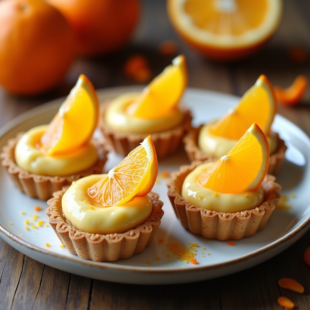 Tartaletas individuales gourmet con base crujiente de galleta y almendra, rellenas de crema sedosa de naranja amarga y miel, decoradas con gajos frescos de naranja amarga sobre un plato blanco rústico.