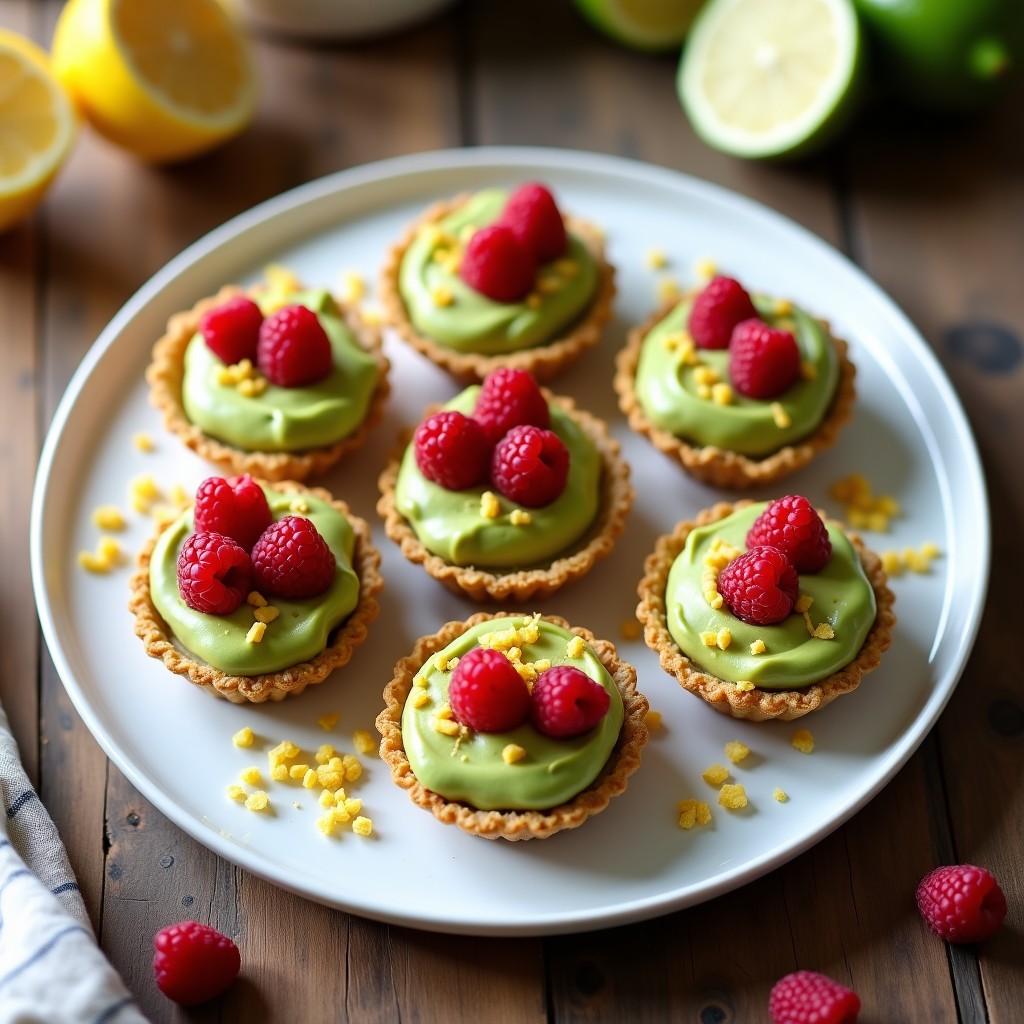 Tartaletas de quinoa y limón sin horno en moldes individuales, con base crujiente de quinoa inflada y almendras, rellenas de crema verde de aguacate y limón, decoradas con frambuesas frescas y ralladura de limón.