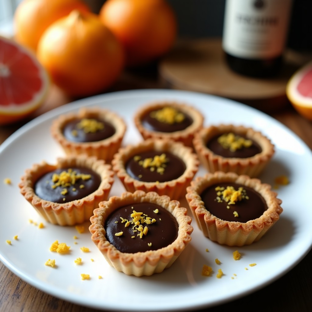 Tartaletas veganas de cítricos y trufa negra en plato blanco, con base crujiente de almendra y relleno cremoso de ganache de chocolate negro, decoradas con ralladura de naranja y limón.