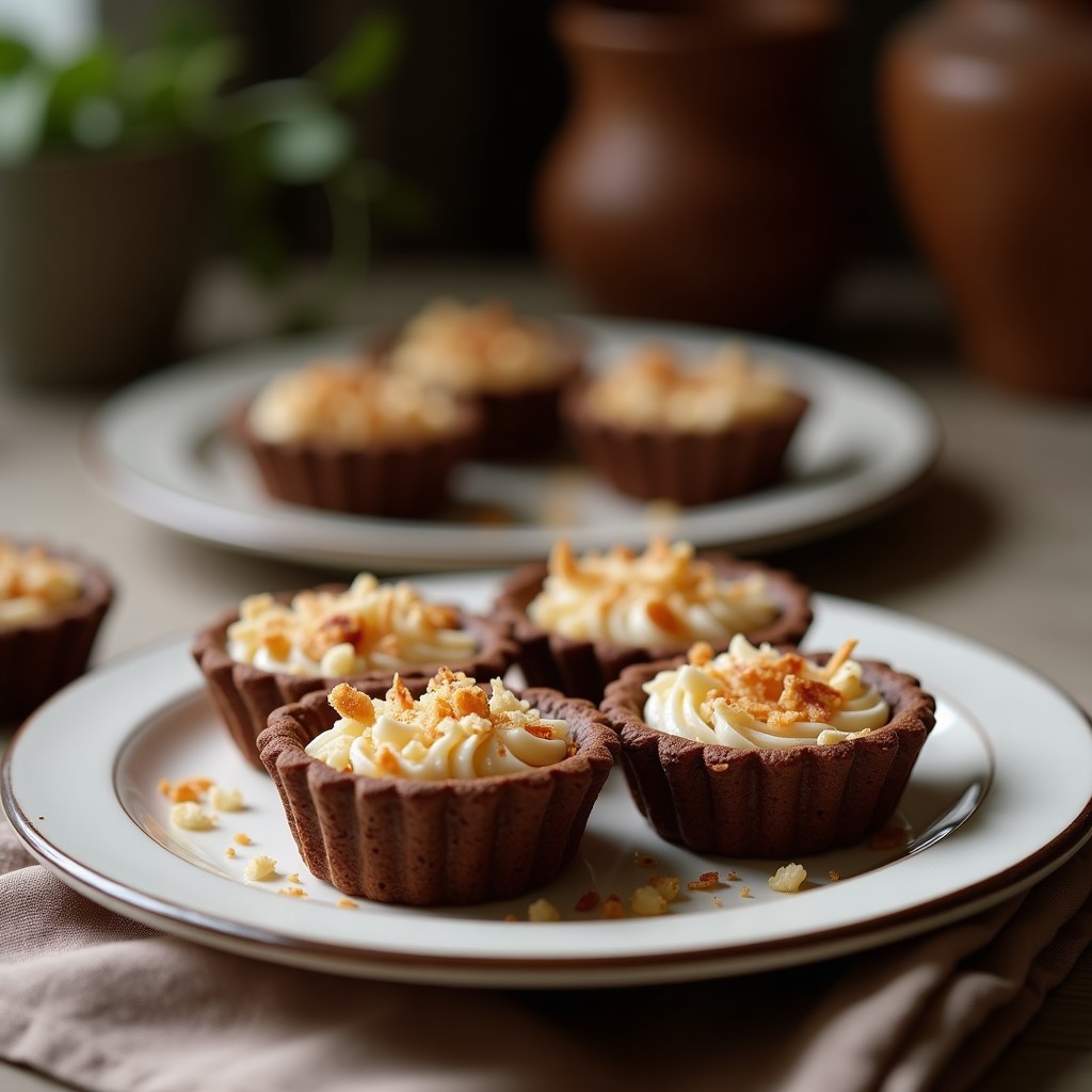 Tartaletas de coco y chocolate sin horno en moldes de silicona, con base dorada de coco rallado y cobertura brillante de chocolate negro, sobre fondo rústico de madera.