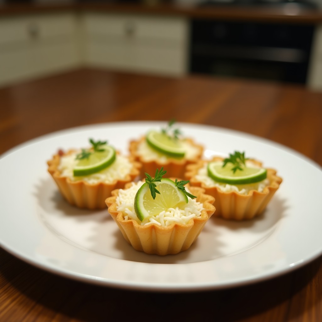 Tartaletas veganas de coco y lima servidas en moldes individuales dorados, con relleno cremoso verde claro y decoración de cáscara de lima rallada sobre fondo rústico de madera.