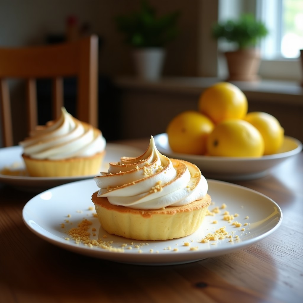 Tartaleta individual con base dorada de coco, relleno cremoso de limón y merengue italiano en picos tostados, sobre plato blanco con hojas de menta.
