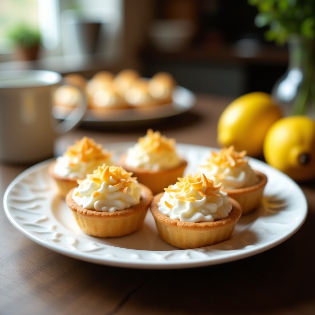 Tartaletas individuales con base dorada de coco, rellenas de crema de limón amarilla brillante y coronadas con merengue italiano tostado en tonos dorados y blancos, sobre un plato de porcelana blanca con fondos de coco rallado.