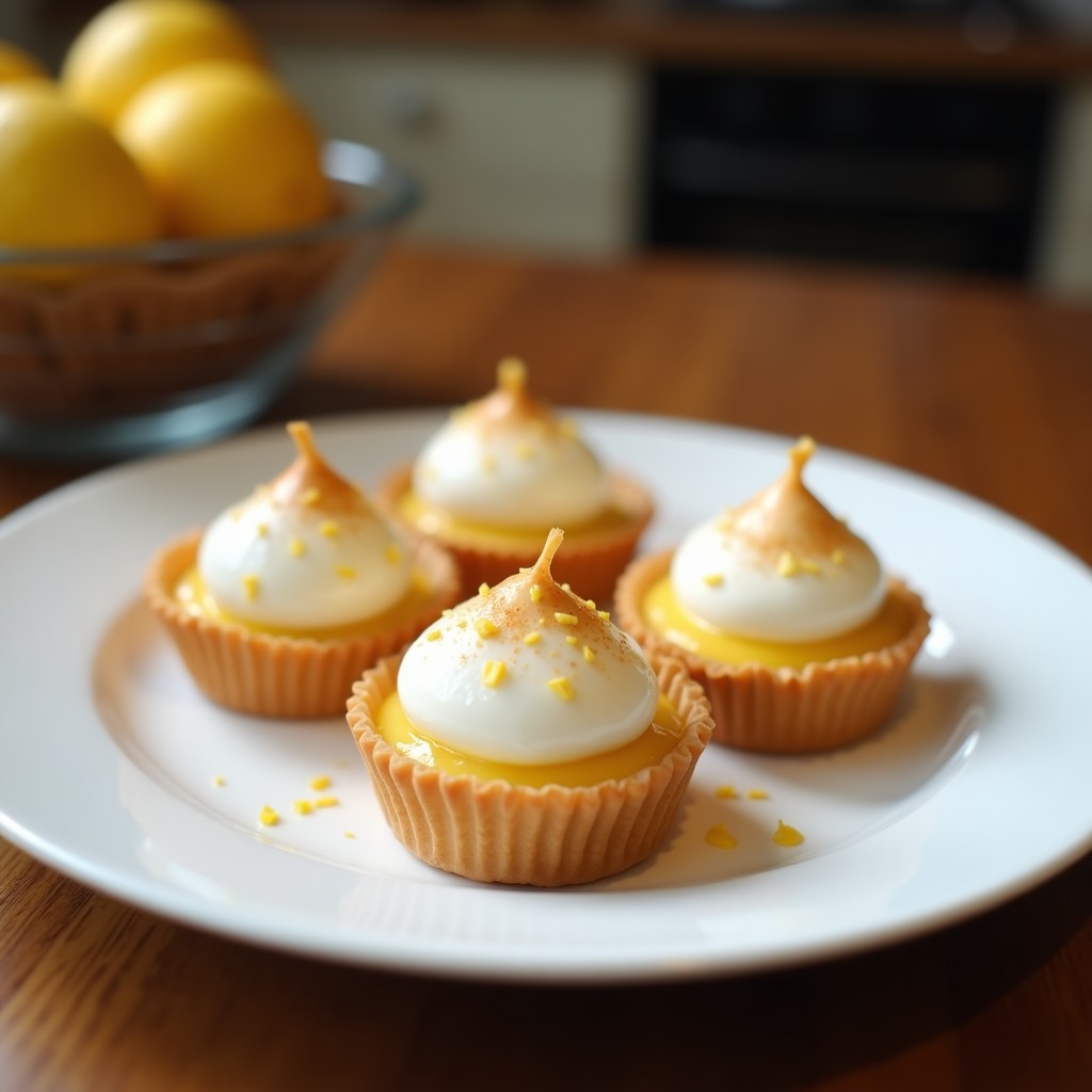 Tartaletas veganas de coco y limón con merengue esponjoso, base dorada crujiente y decoración de virutas de coco tostado sobre fondo blanco.