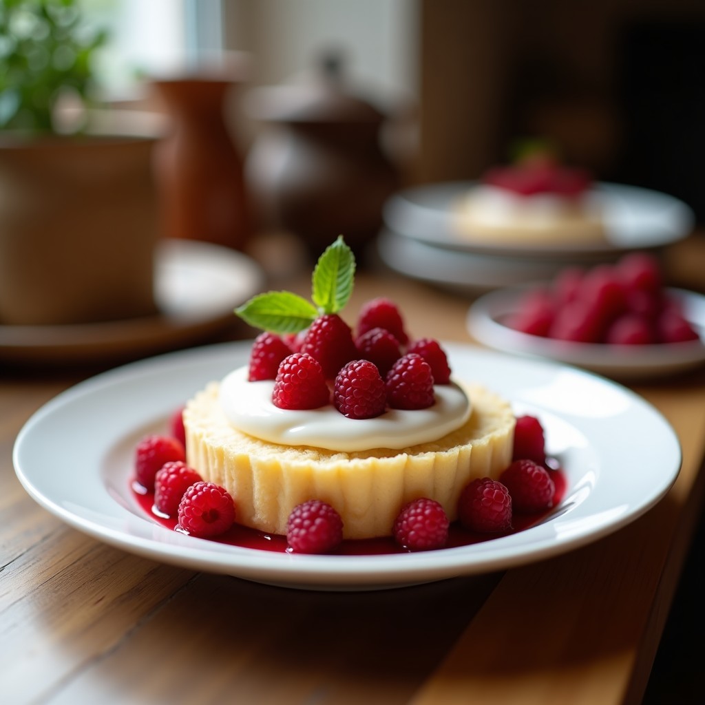 Tartaleta peruana sin azúcar con base dorada de coco rallado, rellena de crema amarilla de lúcuma y decorada con frambuesas frescas y hojas de menta sobre fondo blanco.
