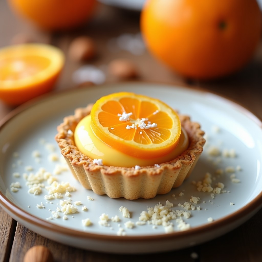 Tartaleta individual con base dorada de almendras y dátiles, rellena de crema suave de color naranja claro de mandarina, decorada con gajos frescos de mandarina y coco rallado sobre fondo blanco rústico.