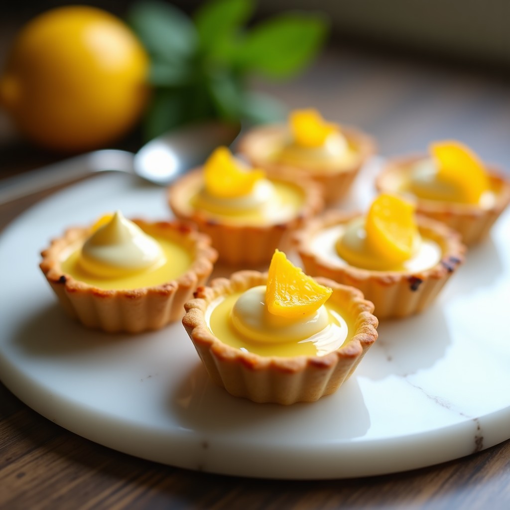 Tartaletas individuales con base de masa quebrada dorada, rellenas de crema amarilla de citron y limón, coronadas con merengue blanco tostado en picos y decoradas con láminas de citron confitado.