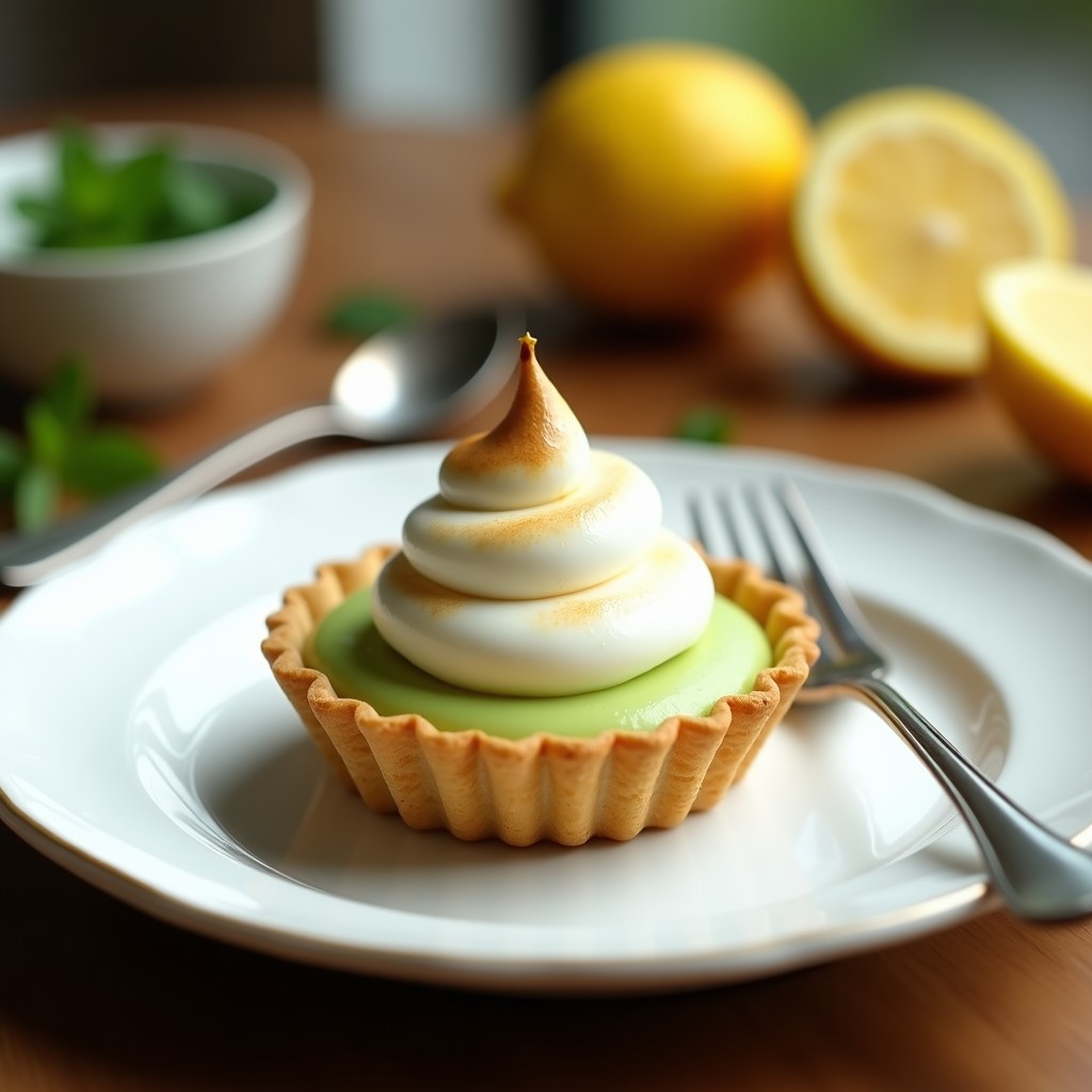 Tartaleta individual con base dorada de galleta de almendra, relleno cremoso verde de aguacate y limón, coronada con merengue blanco y tostado con soplete, postre sin azúcar.
