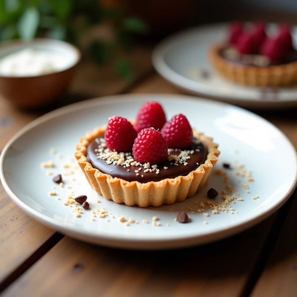 Tartaleta crudivegana de aguacate y cacao en molde individual, base dorada de almendras y relleno cremoso oscuro, decorada con frambuesas frescas y coco rallado.