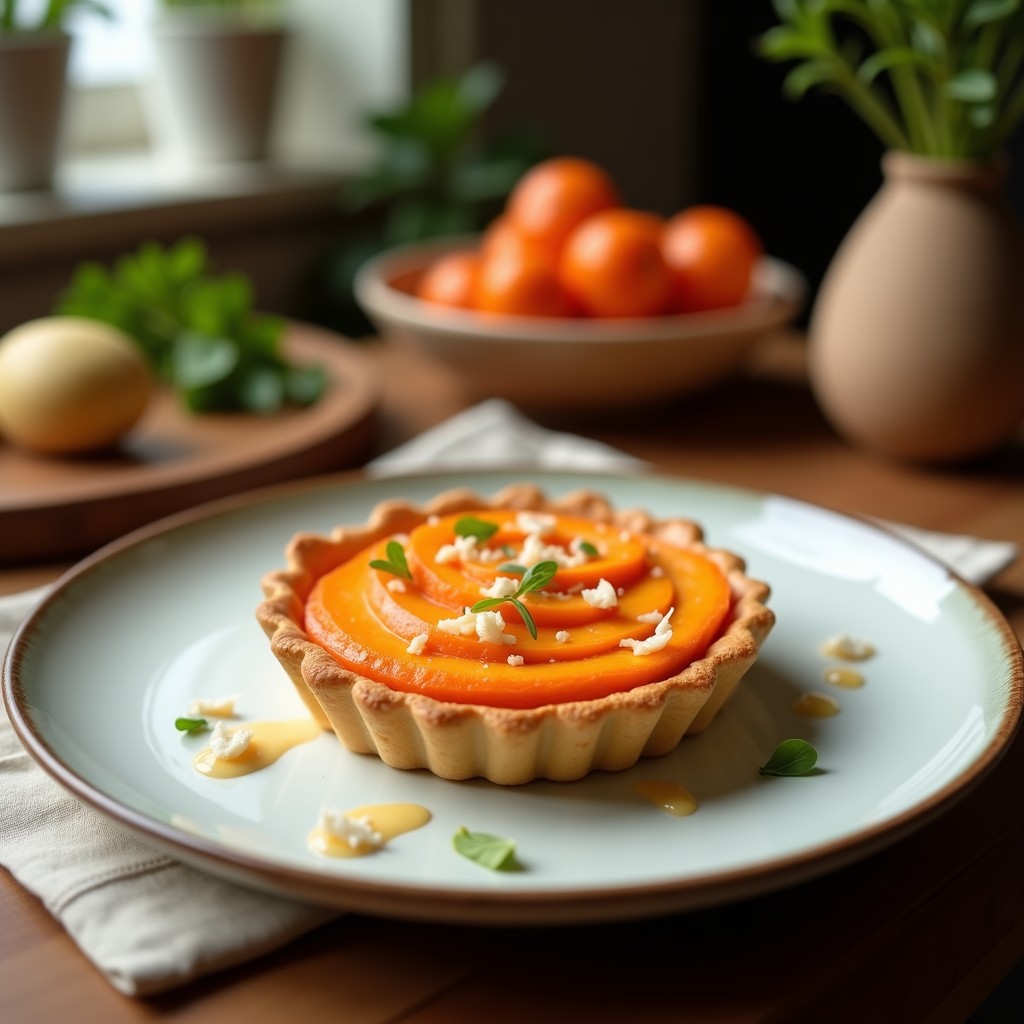 Tartaleta crudivegana de zanahoria y coco en molde desmontable, con base dorada de avena y almendras, rellena de crema naranja de zanahoria y coco rallado, decorada con especias.