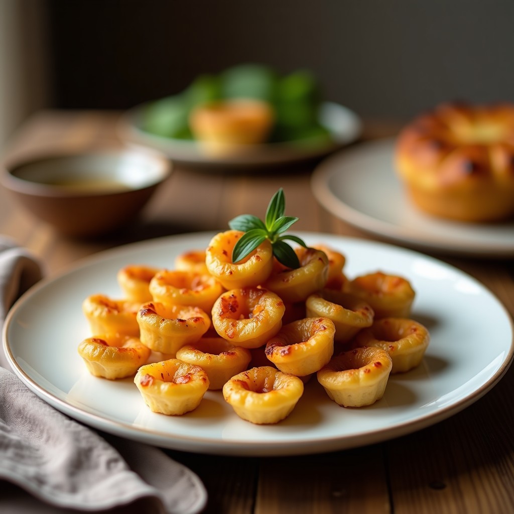 Tartaletas doradas y crujientes de aceite de oliva y romero, dispuestas en una bandeja de madera rústica con romero fresco y aceite de oliva virgen extra al lado, receta mediterránea gourmet.