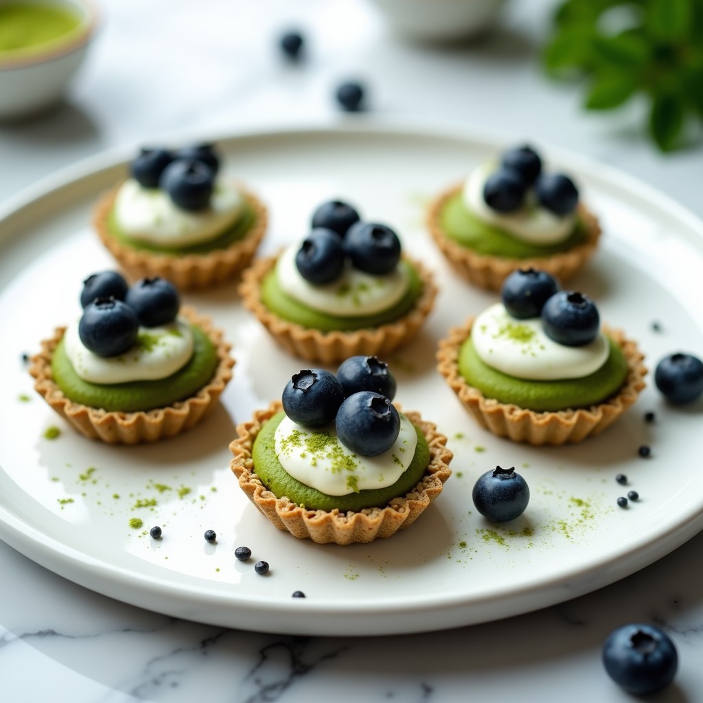 Tartaletas verdes crujientes rellenas de crema de yogur blanco y decoradas con arándanos azules frescos, receta sin horno de matcha y arándanos.