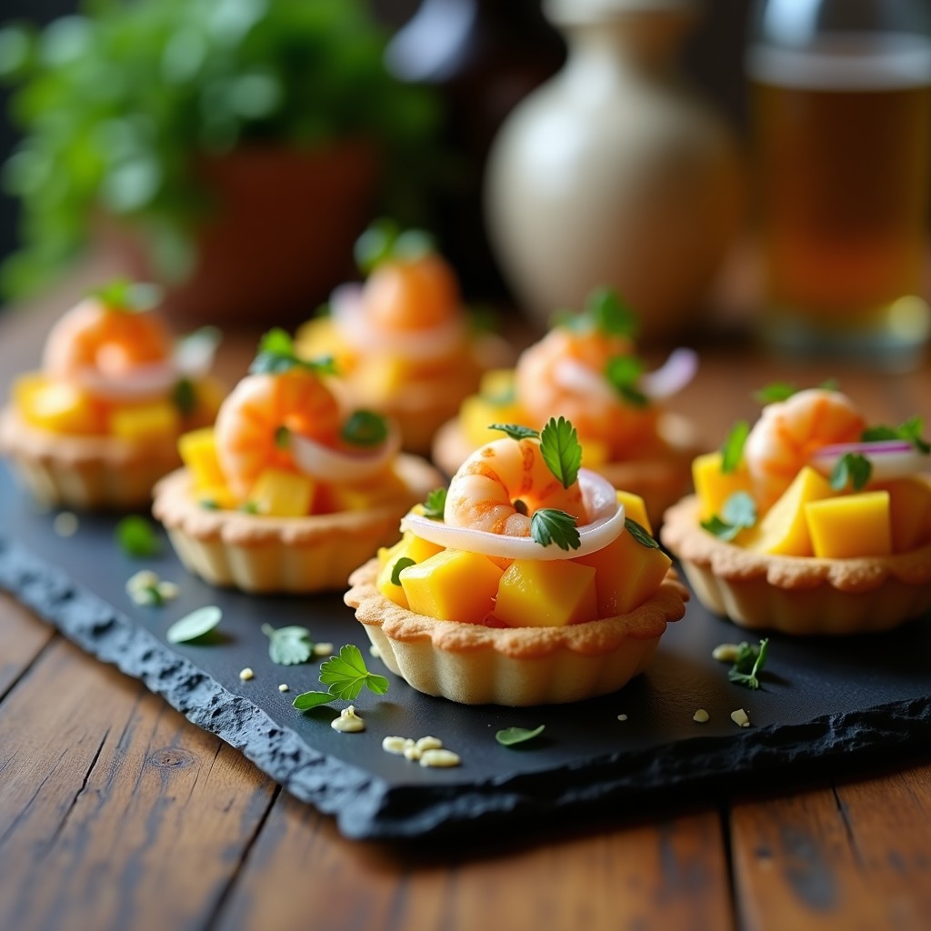 Tartaletas crujientes rellenas de gambas y langostinos salteados, cubos de mango fresco, cebolla morada, chile jalapeño y salsa de mayonesa con miel, servidas en bandeja negra.