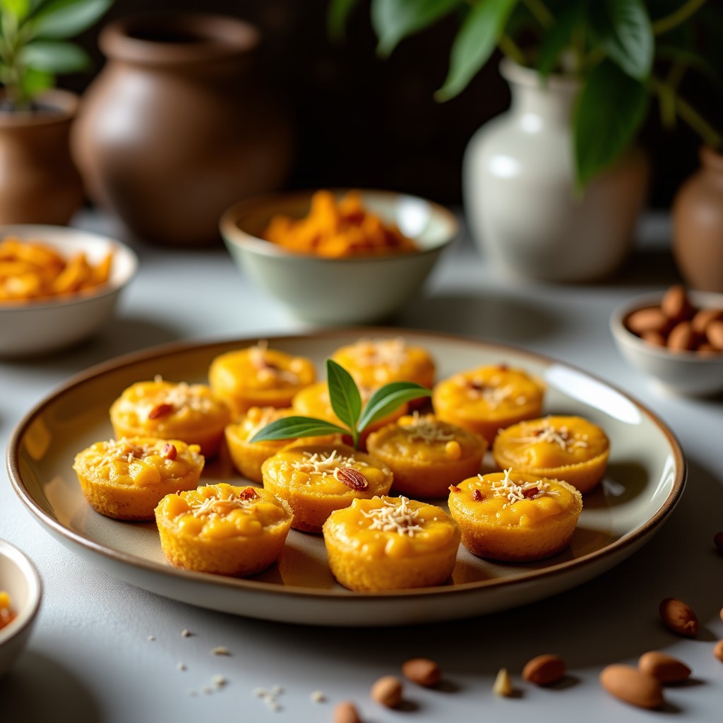 Tartaletas de cúrcuma y coco en moldes individuales, con base dorada de dátiles y almendras, rellenas de crema amarilla de coco y cúrcuma, decoradas con coco rallado y hojas de menta.