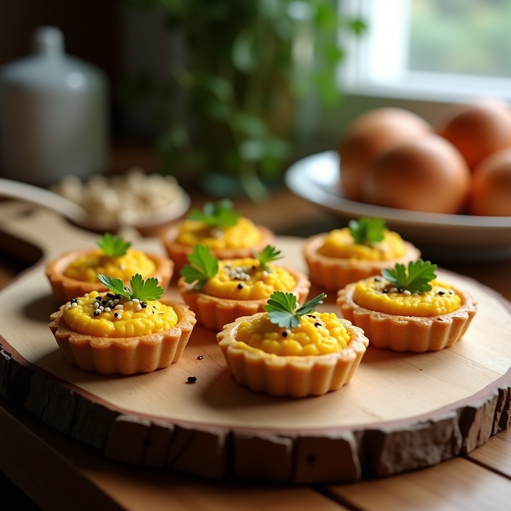 Tartaletas veganas de garbanzo y cúrcuma dispuestas en bandeja de madera, decoradas con semillas de sésamo y perejil fresco, con fondo rústico.