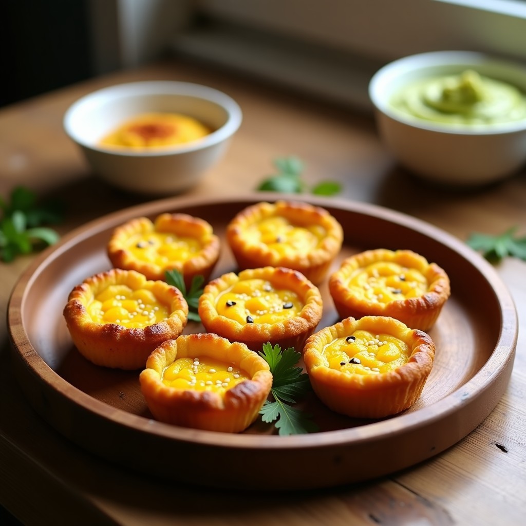 Tartaletas doradas de cúrcuma y garbanzos veganas, con semillas de sésamo, servidas en bandeja de madera con dip de aguacate al lado.