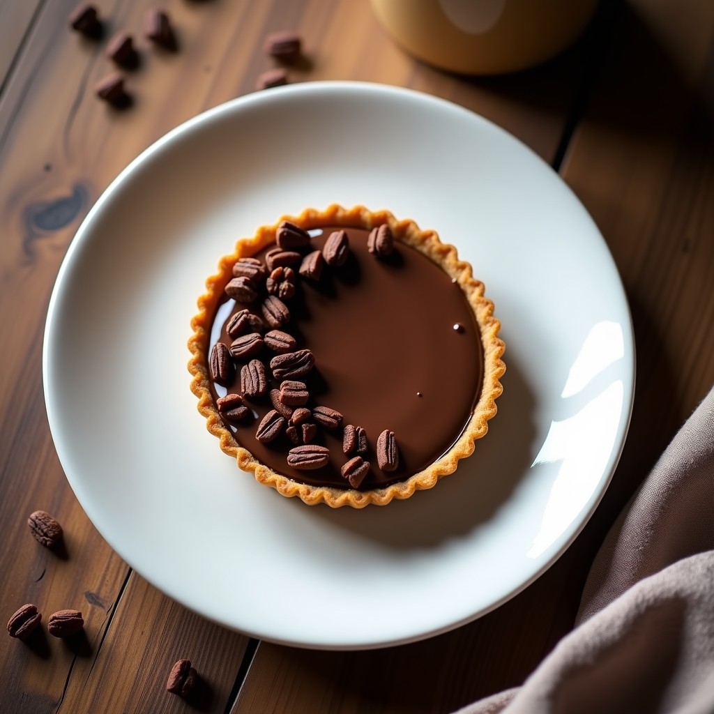 Tartaleta vegana sin azúcar con base dorada de dátiles y semillas de lino, coronada por una crema de cacao sedosa y decorada con cacao nibs, servida en un plato blanco sobre fondo rústico.