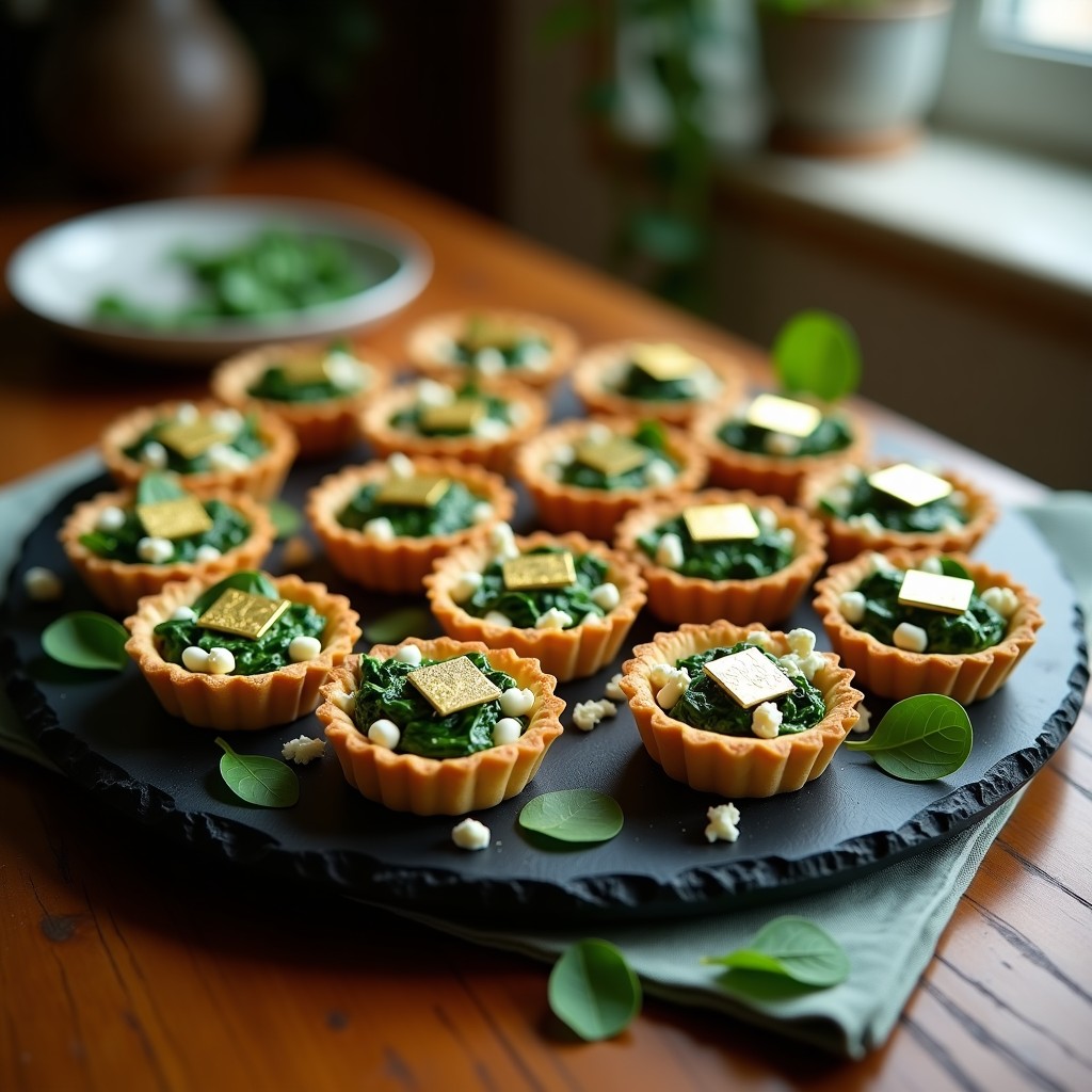 Tartaletas doradas de masa quebrada rellenas de espinacas y queso feta, decoradas con hoja de oro comestible sobre bandeja de pizarra, receta gourmet de aperitivo elegante.