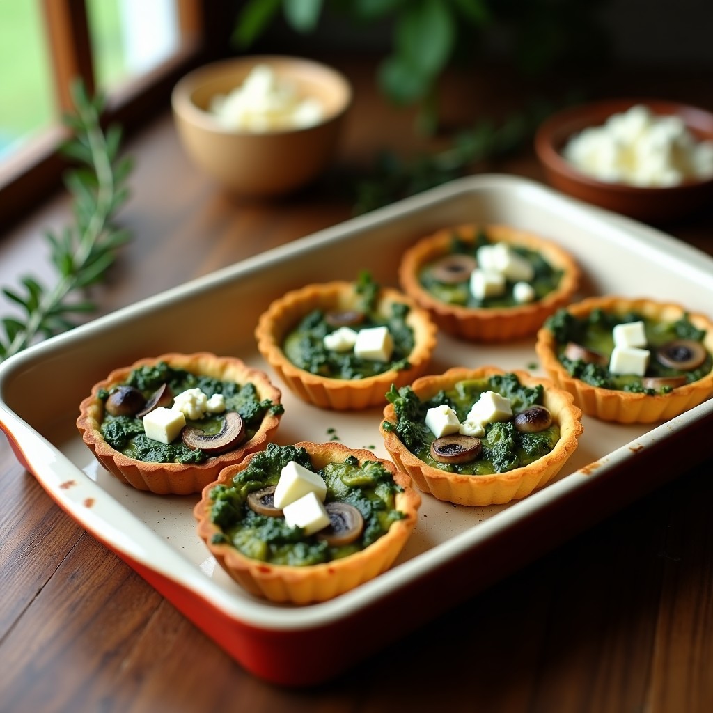 Tartaletas doradas en bandeja de horno con relleno verde de espinacas, trozos blancos de queso feta y láminas de hongos portobello, decoradas con tomillo fresco.
