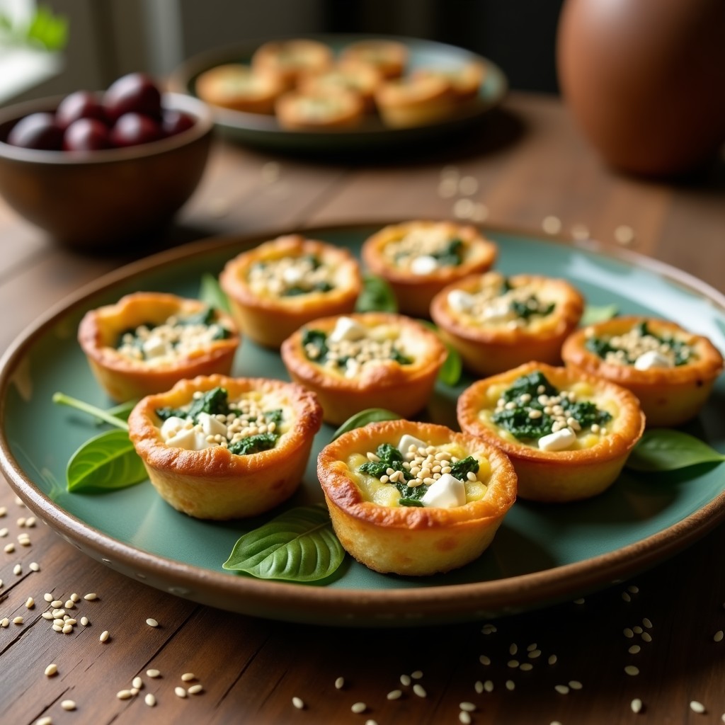 Tartaletas doradas de espinaca y queso feta al horno, crujientes y sin masa, servidas en molde de magdalenas con semillas de sésamo tostadas.