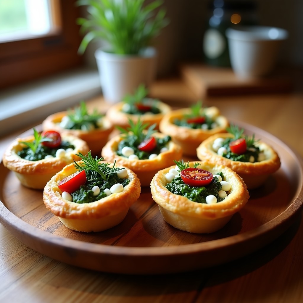 Tartaletas doradas de hojaldre rellenas de una mezcla cremosa de espinacas, queso feta desmenuzado y trozos de tomate seco, servidas en un plato de madera con hierbas frescas.