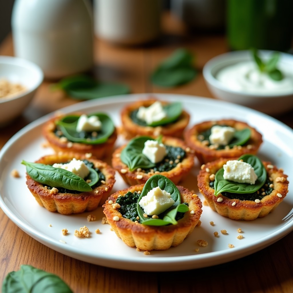 Tartaletas doradas de espinaca y feta con base de quinoa, crujientes y altas en proteína, servidas en plato blanco con hierbas frescas.