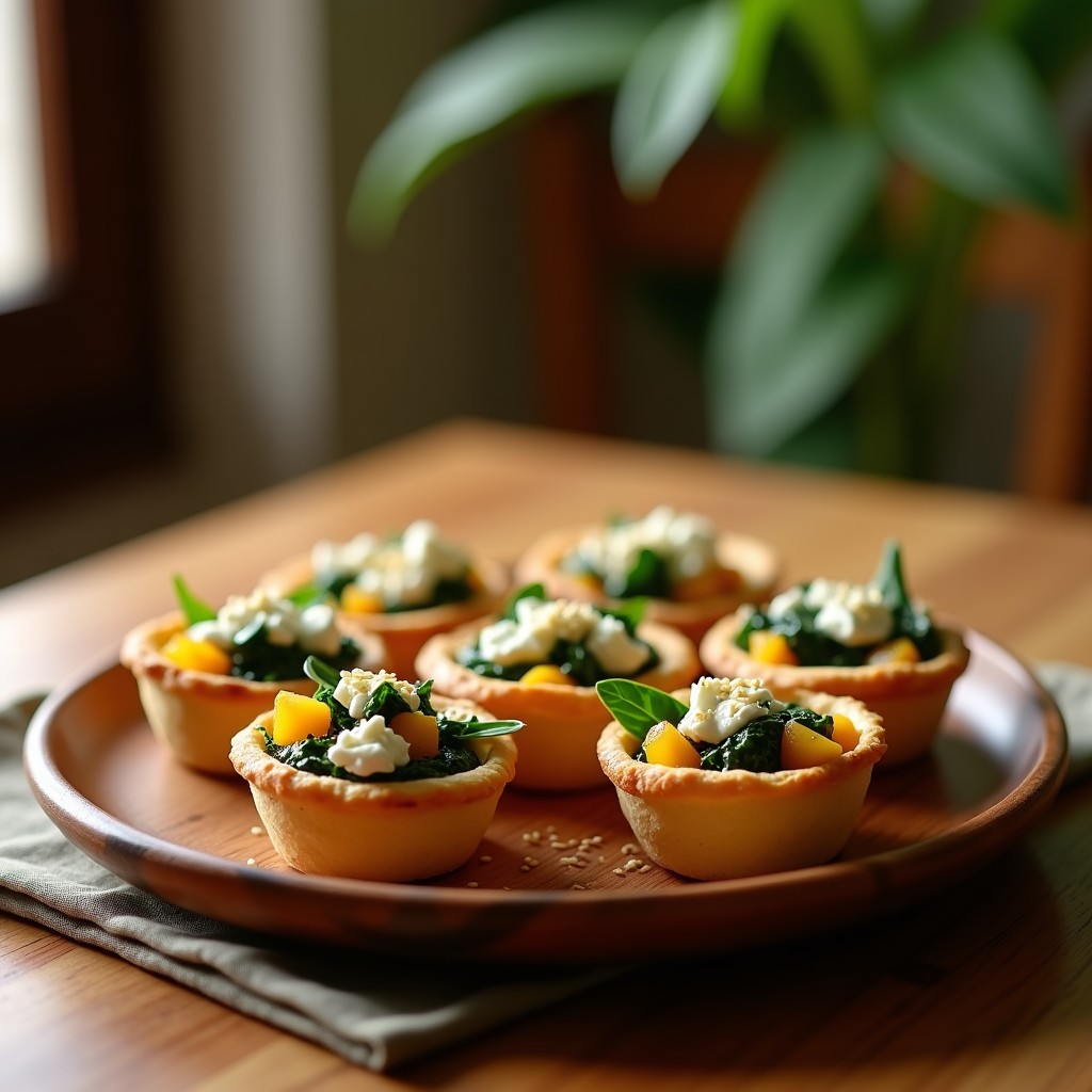 Tartaletas doradas de hojaldre rellenas de espinacas salteadas, cubos de goiabeira y queso de cabra desmenuzado, decoradas con semillas de sésamo sobre un plato de madera rústica.
