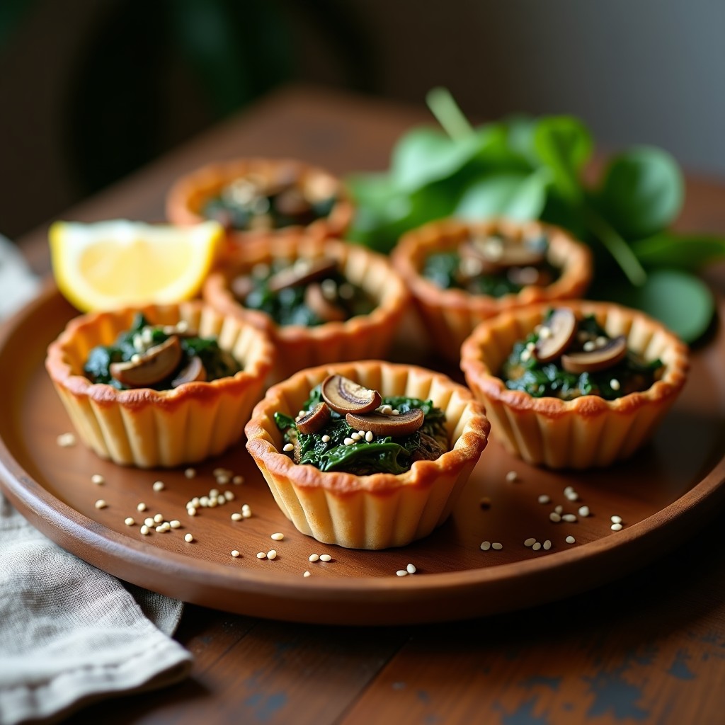 Tartaletas doradas y crujientes rellenas de espinacas y hongos ostra, con semillas de sésamo espolvoreadas, servidas en un plato de madera rústico. Receta vegana de umami explosivo en airfryer.
