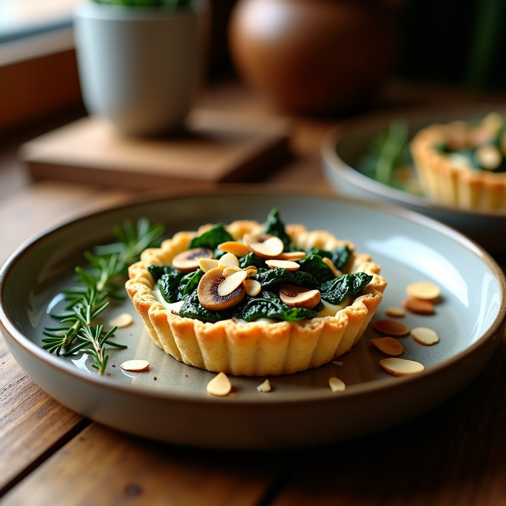 Tartaleta gourmet con base dorada de avena, rellena de espinacas verdes y hongos ostrich en láminas, decorada con virutas de almendra. Receta de tartaleta de espinaca y hongo ostrich con umami intenso.