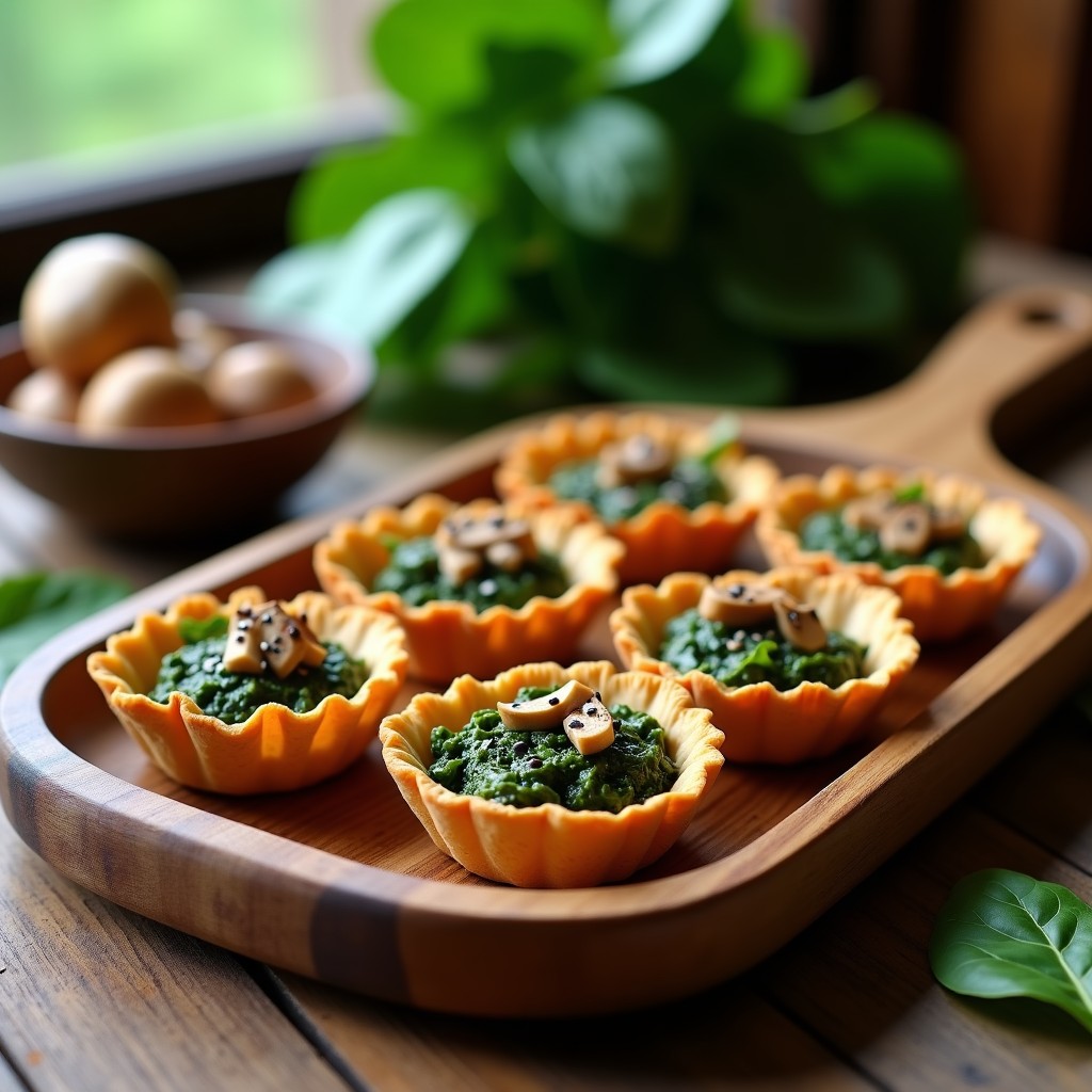 Tartaletas doradas de avena rellenas de espinacas verdes y hongos shimeji salteados, con semillas de sésamo negro espolvoreadas, servidas en una bandeja de madera rústica.