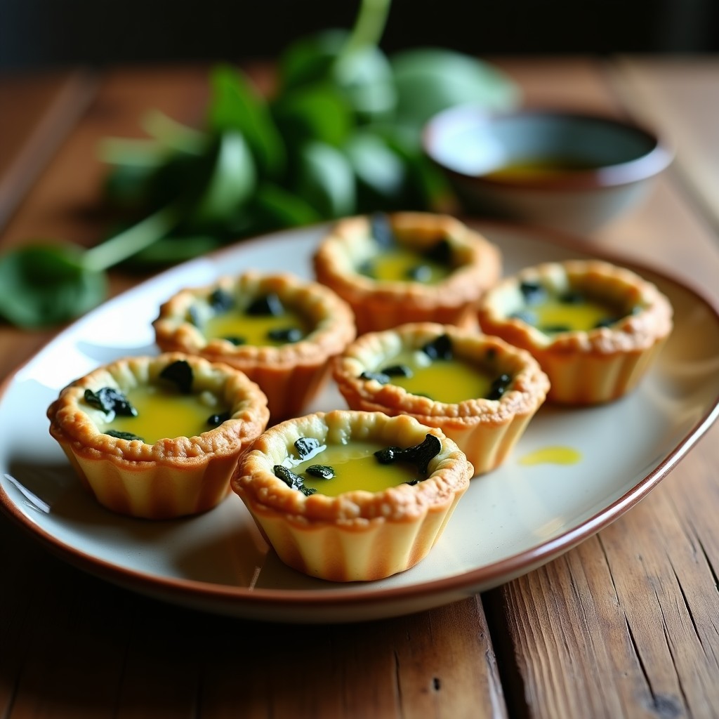 Tartaletas doradas en moldes de silicona, rellenas de crema verde de espinacas y hongos, con un hilo de aceite de trufa negra, sobre fondo rústico de madera.
