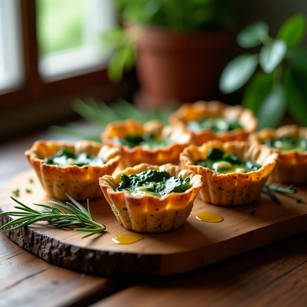 Tartaletas doradas en moldes individuales, rellenas de espinacas verdes y trozos de queso de cabra ahumado, servidas sobre una tabla de madera rústica con hierbas frescas.