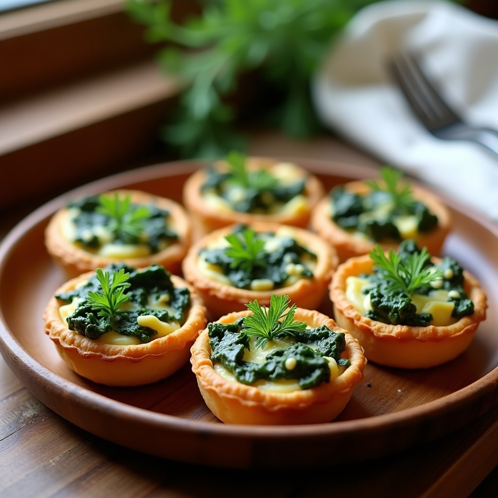 Tartaletas individuales doradas rellenas de espinacas verdes y queso de cabra cremoso, decoradas con hinojo fresco picado, servidas en una bandeja de madera rústica.