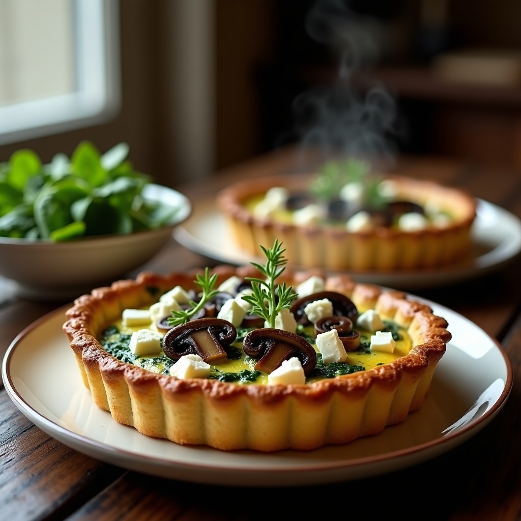 Tartaleta dorada con base de masa quebrada rellena de espinacas verdes, queso de cabra blanco desmenuzado y hongos portobello salteados, decorada con tomillo fresco.