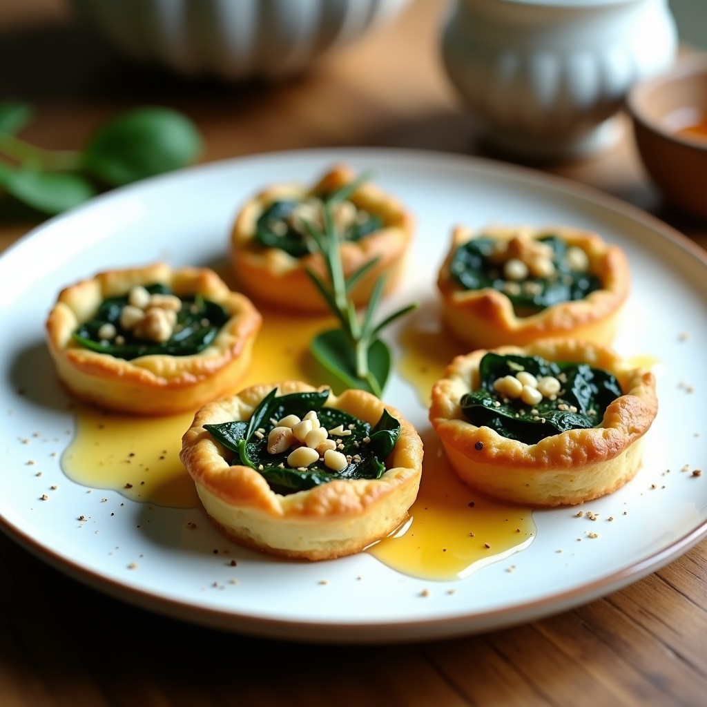 Tartaletas doradas de harina de almendra rellenas de espinacas salteadas y queso de cabra fundido, coronadas con miel de romero y nueces picadas, sobre un plato de cerámica blanca.