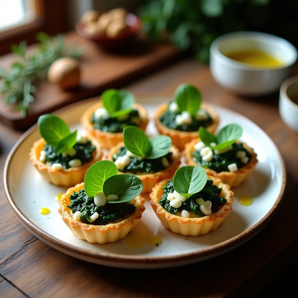 Tartaletas de espinaca y queso de cabra servidas en moldes dorados, con base de harina de almendra y relleno cremoso verde, decoradas con hojas de espinaca fresca y un hilo de aceite de oliva.