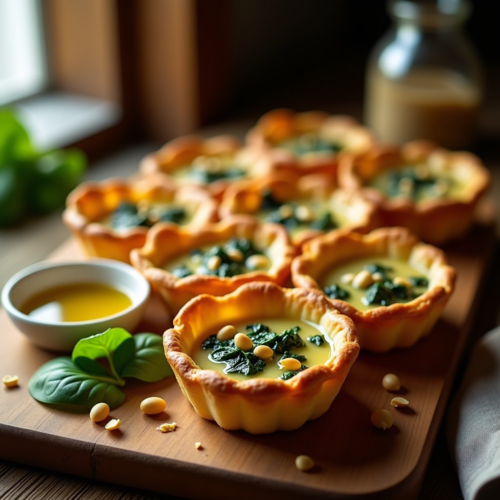 Tartaletas doradas en molde individual con relleno cremoso de espinaca, queso manchego y piñones, coronadas con aceite de trufa negra, receta gourmet al horno.