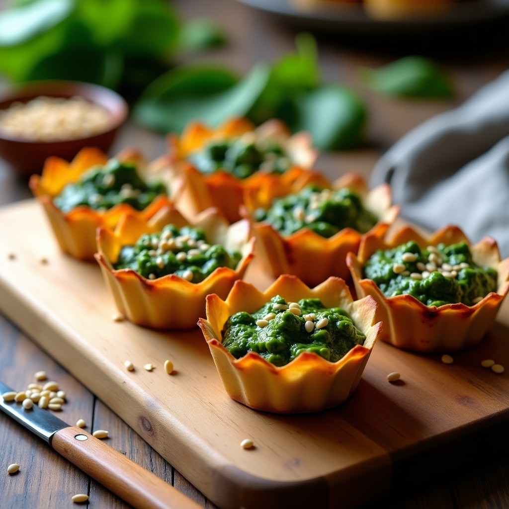 Tartaletas doradas en molde de papel con relleno verde cremoso de espinaca y tofu, espolvoreadas con semillas de sésamo, servidas sobre tabla de madera rústica.