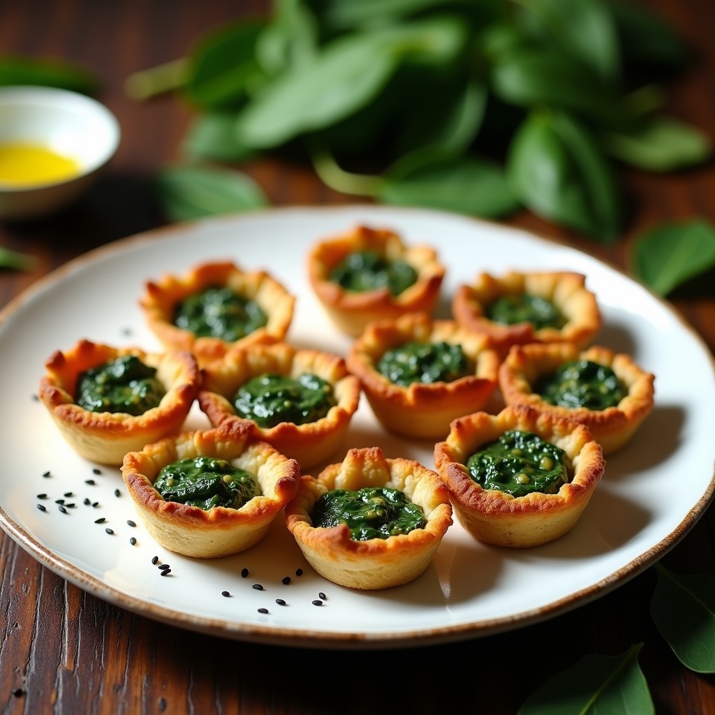 Tartaletas veganas doradas con relleno cremoso de espinaca y tofu ahumado, decoradas con semillas de sésamo negro, servidas en plato blanco rústico.