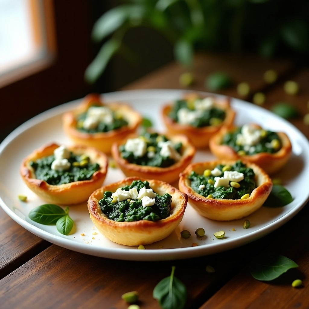 Tartaletas doradas en molde individual con relleno verde de espinacas, queso feta desmenuzado y pistachos picados, servidas sobre tabla de madera rústica.
