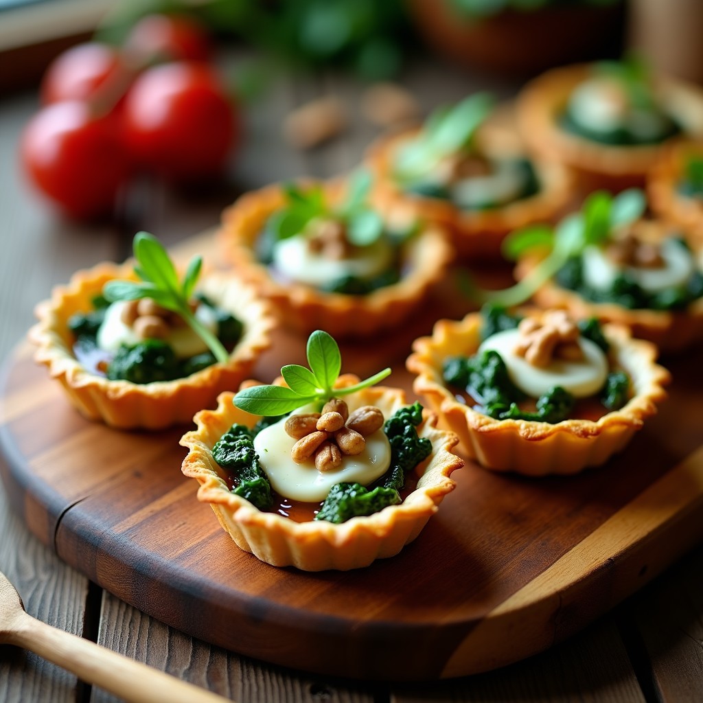 Tartaletas doradas y crujientes rellenas de espinacas salteadas y gorgonzola fundido, servidas en una bandeja de madera rústica con hojas de rúcula como decoración.