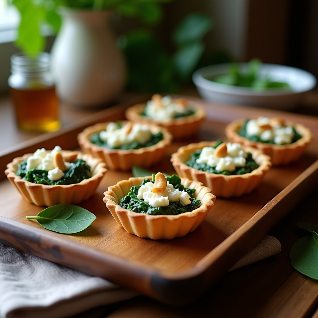 Tartaletas doradas de masa quebrada rellenas de espinacas salteadas y queso de cabra cremoso, decoradas con piñones tostados sobre una bandeja de madera rústica.