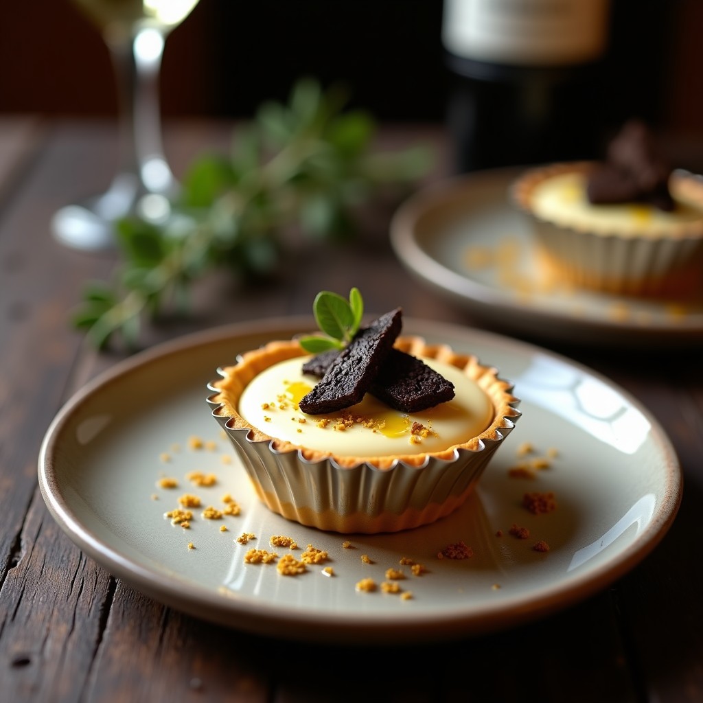 Tartaleta gourmet española en molde individual con base crujiente de galleta, relleno cremoso de fabes asturianas con vetas de trufa negra y corona de espuma de cava blanca y aireada, decorada con láminas de trufa y un hilo de aceite de trufa sobre fondo rústico de madera.