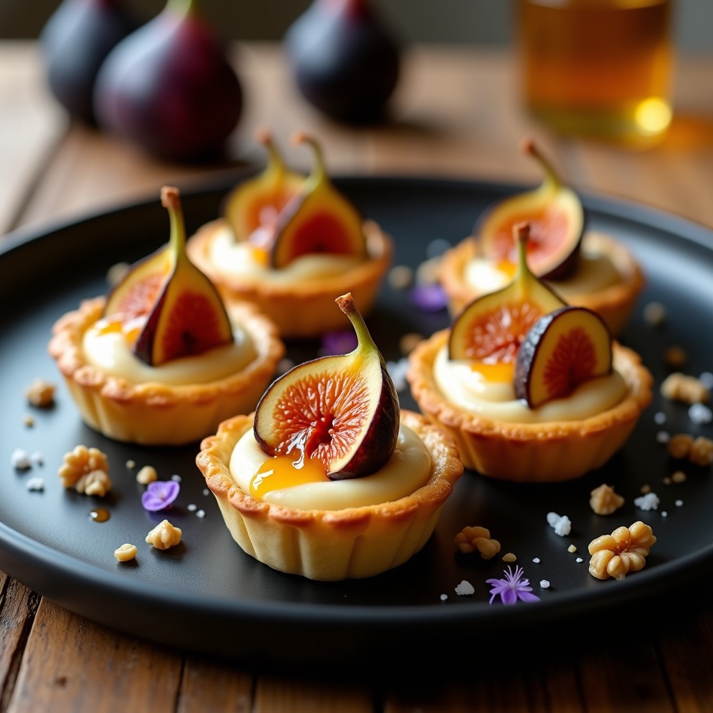 Tartaletas de hojaldre dorado gratinadas con crema de foie gras esponjosa, higos caramelizados brillantes y nueces picadas, servidas en plato negro con toques de miel y sal en escamas.