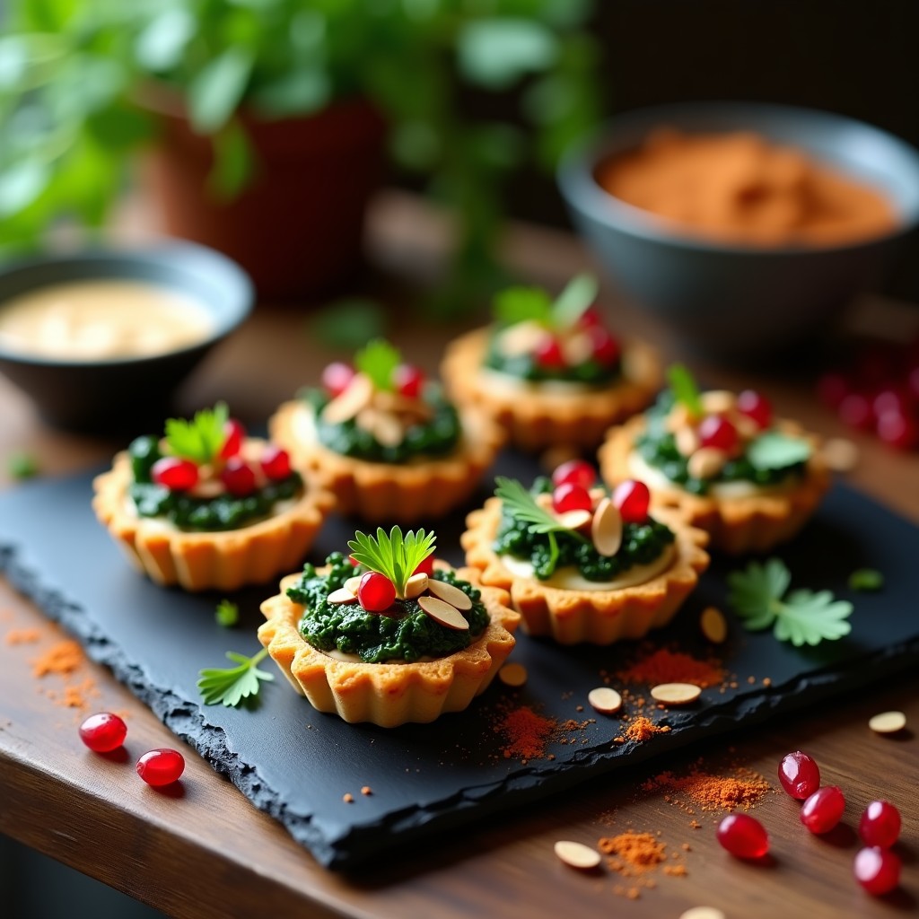 Tartaletas doradas de harina de garbanzo rellenas de espinacas frescas, decoradas con semillas de granada rojas, almendras fileteadas tostadas y un hilo de salsa de tahini cremosa. Plato de aperitivo árabe keto sin horno, con texturas crujientes y colores vibrantes.