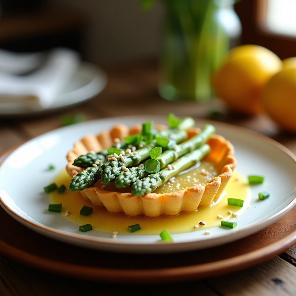 Tartaleta dorada y crujiente de garbanzos rellena de espárragos blancos salteados, bañada en vinagreta de limón confitado y decorada con cebollino fresco. Plato servido en porción individual sobre fondo rústico.
