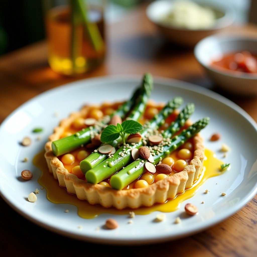 Tartaleta vegana gourmet con base dorada de garbanzos, rellena de espárragos trigueros frescos y bañada en vinagreta de azafrán dorada, decorada con semillas de sésamo y almendras tostadas sobre fondo rústico.