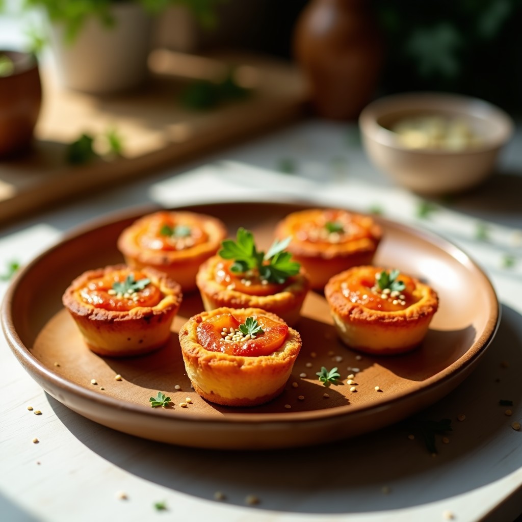 Tartaletas doradas y crujientes de garbanzos tostados con pimentón de la Vera, servidas en un plato de madera rústico con semillas de sésamo visibles y un toque de perejil fresco. Receta vegana y sin gluten preparada en airfryer.